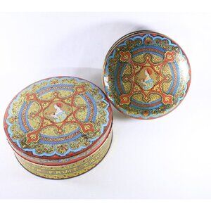 Vintage lithographed fruit cake tin, Baroque medallion decorative storage tin
